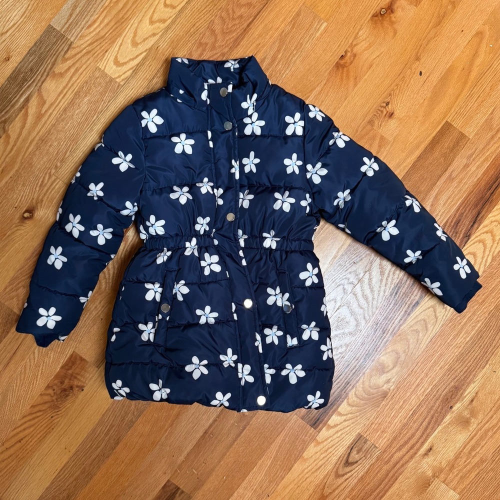 Member's Mark Kids Navy Floral Hooded Puffer Jacket Size 7 Winter Coat